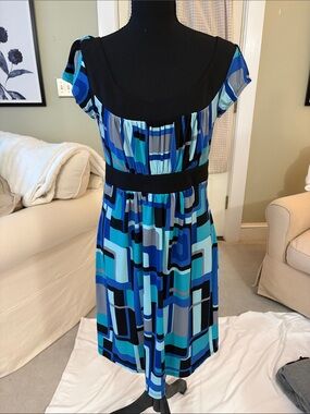 AB Studio Blue and Black Geometric Midi Dress
